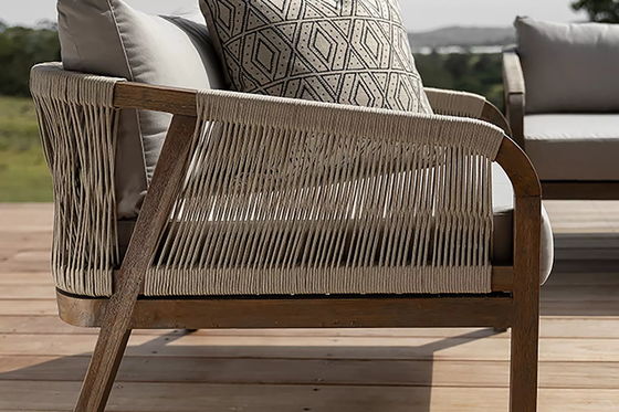 Seilwebe Sofa Patio Set AJUNION Teakholzrahmen Außenmöbel für Strandgärten