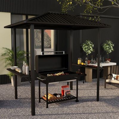 Außengrill 6x8 Hardtop BBQ Gazebo mit 2 Seitenregalen 102 lbs H92.5 x W96.5 x D70.9