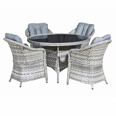 Außenmöbel Set mit rundem Esstisch AJUNION 4 Sitzplätze Witterungsbeständig Woven Rattan