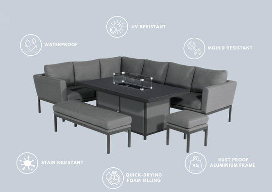 Postverpackung Y AJUNION Luxus Outdoor Stoff Terrassenmöbel Esszimmer mit Kamin Tisch