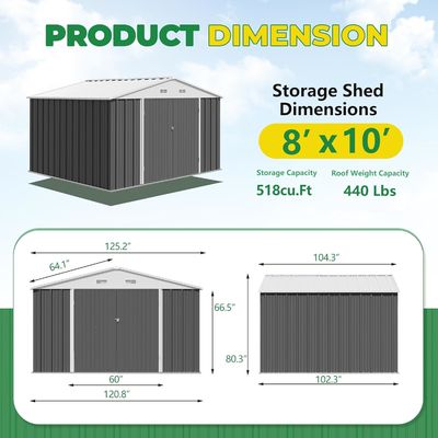 Außenlagerwerkzeuge Schuppen Großformat 8x10FT Metallhaus mit 66,5 &quot;Höhe Stahltüren