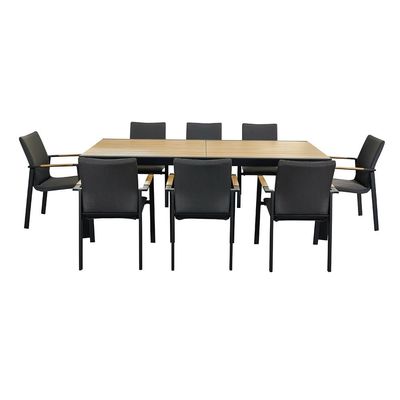 Y Postverpackung 8 Sitzplätze Outdoor-Esstisch mit Metallmöbeln und Teakholztisch