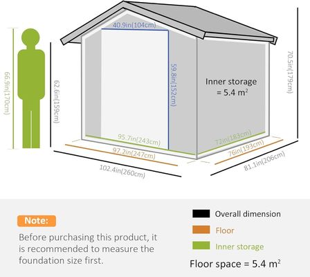 2.06D x 2.58W x 1.78H Meter Doppelschiebetür Metall Gartenhaus Schuppen mit 4 Lüftungsöffnungen