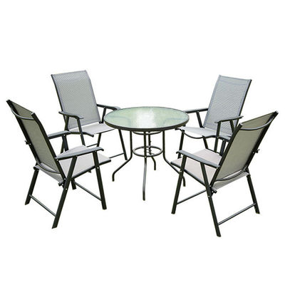 Aluminiumrahmen Außengartensatz mit rundem Glas-Tisch und Teslin-Stühlen