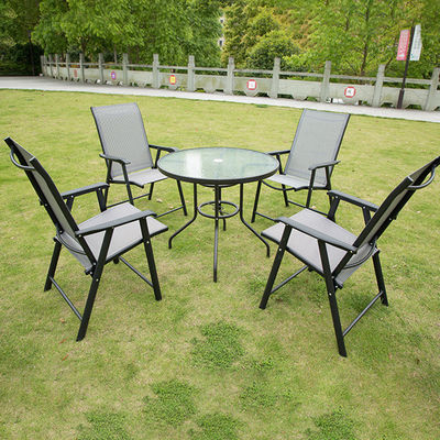 Aluminiumrahmen Außengartensatz mit rundem Glas-Tisch und Teslin-Stühlen