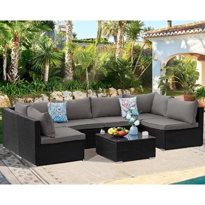 AJUNION Wicker Rattan PE Sektionssofa Gartensatz Terrassenmöbel Gesprächssatz Außenmöbel