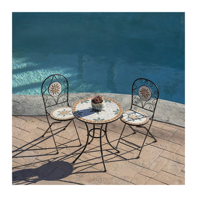 AJUNION 3 Stück Eisen Mosaikfliesen Patio Bistro Set mit Keramik Tisch und Klappstühle