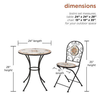 AJUNION 3 Stück Eisen Mosaikfliesen Patio Bistro Set mit Keramik Tisch und Klappstühle