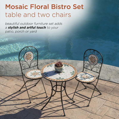 AJUNION 3 Stück Eisen Mosaikfliesen Patio Bistro Set mit Keramik Tisch und Klappstühle