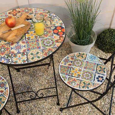 AJUNION 3 Stück Outdoor Bistro Metall Tischstuhl Set Antike Mosaik Keramik für den Garten