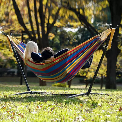 Zuhause Außengarten Camping Portable Leichtgewicht Klappdose Doppel-Baumwoll-Hängematten mit Metallstand