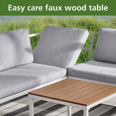 Außenmöbel L-Form Sektionssofa Kunststoff Teakholz Ecke Lounge Set für Deck