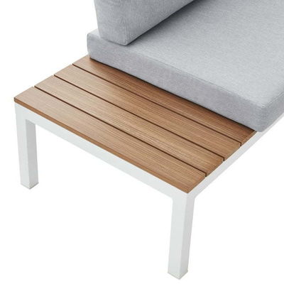 Außenmöbel L-Form Sektionssofa Kunststoff Teakholz Ecke Lounge Set für Deck