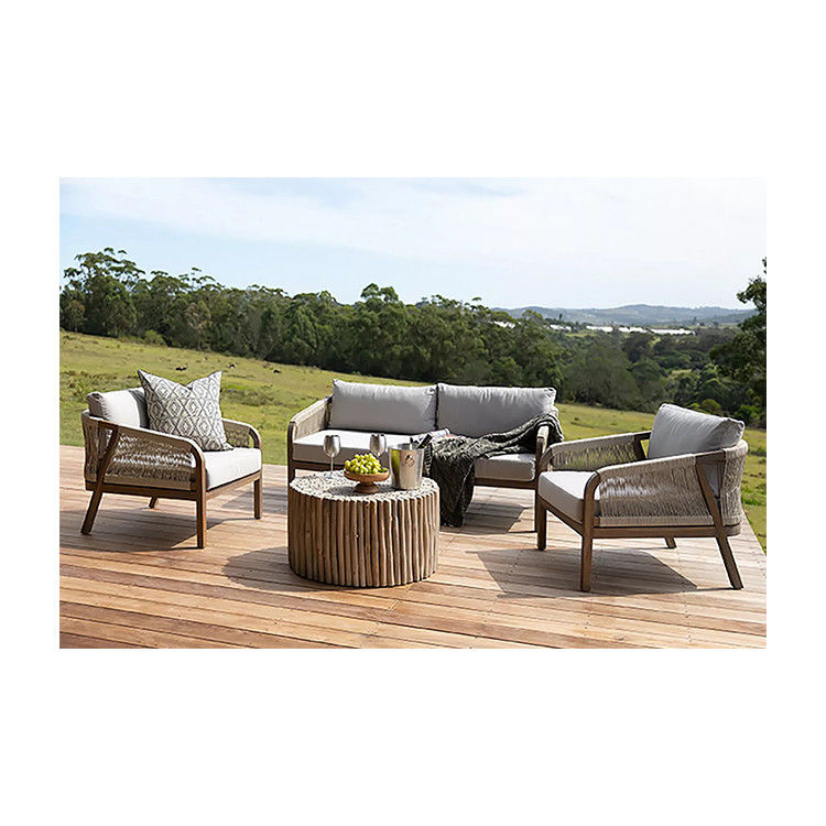 Seilwebe Sofa Patio Set AJUNION Teakholzrahmen Außenmöbel für Strandgärten