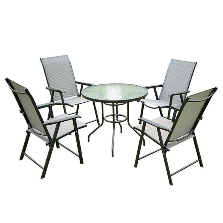 Aluminiumrahmen Außengartensatz mit rundem Glas-Tisch und Teslin-Stühlen