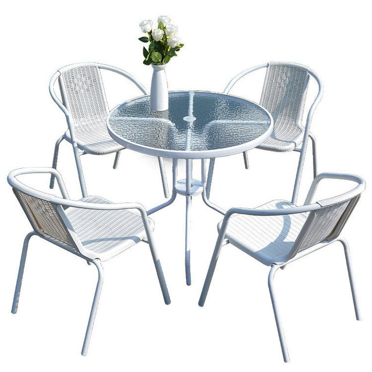 Balkon im Freien Restaurant Café Garten Freizeit Metall Glas Runder Tisch und Rattan Stuhl