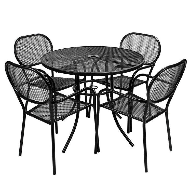 Outdoor Bistro Cafe Garten Hof Terrasse Metall Eisen Runde Tische Und Stuhl Set mit Schirmloch im modernen Design