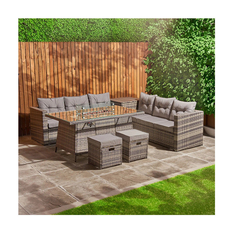 Hof Rattan Garten Set mit Feuerstelle Tisch AJUNION 8 Sitzplätze Sektionssofa Set