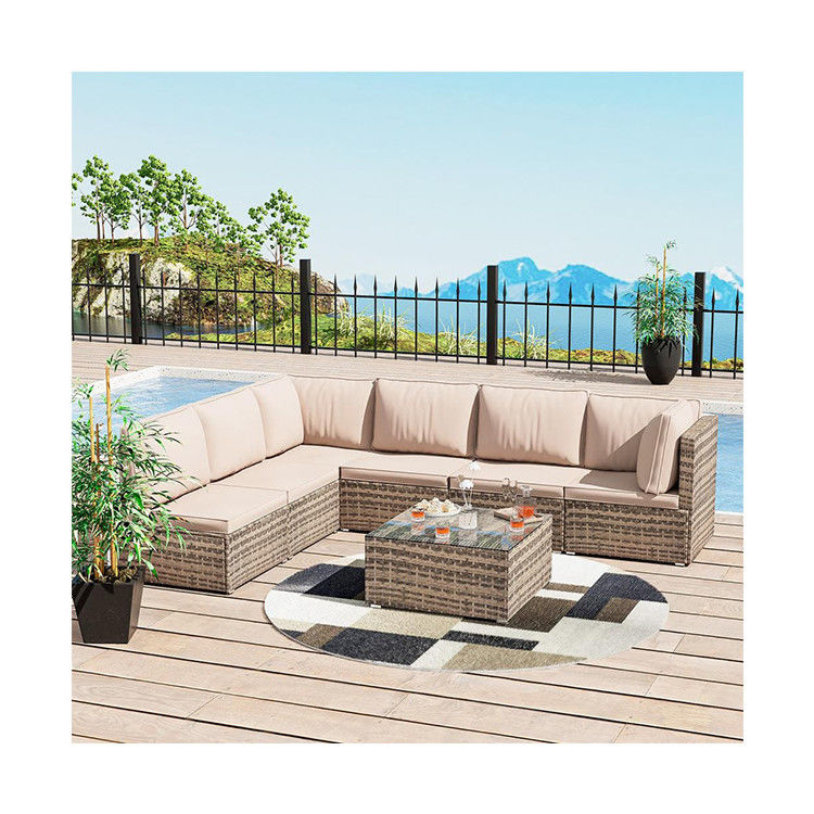 Verbessern Sie Ihre Terrasse mit AJUNION 7 Stück Möbeln in braunen Kissen und PE Rattan