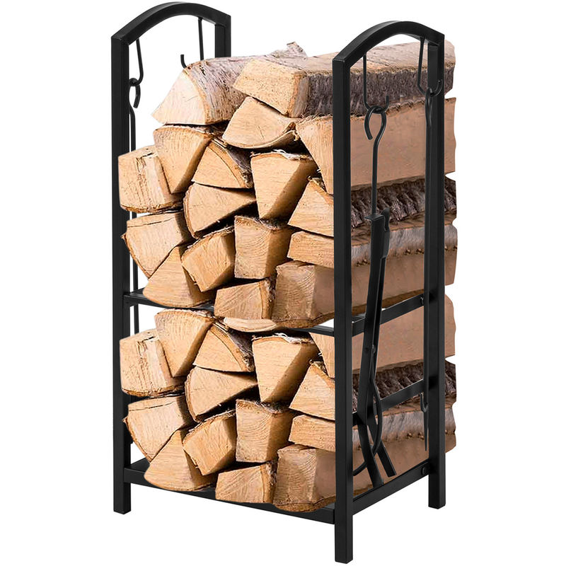 2 Stufen Brennholzregal W46 x D30 x H75cm Kaminhalter mit Kamin und 4 Werkzeugen