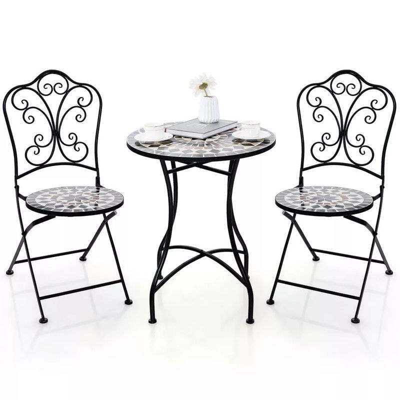 Außenmöbel AJUNION 2 Sitzstuhl und Tisch Set Metall Eisen Klappstuhl Antike Mosaikfliesen Tisch Bistro Set
