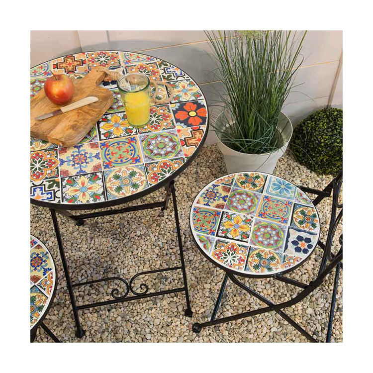 AJUNION 3 Stück Outdoor Bistro Metall Tischstuhl Set Antike Mosaik Keramik für den Garten