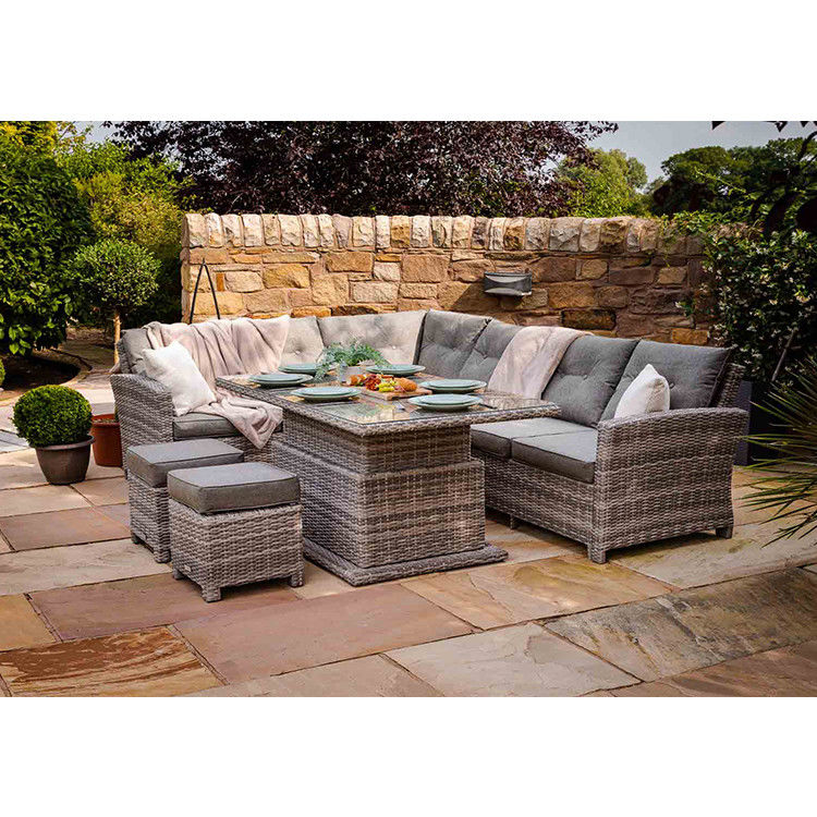 PE Rattan AJUNION Außenbereich Ecksofa Terrasse Set mit verstellbarem Esstisch