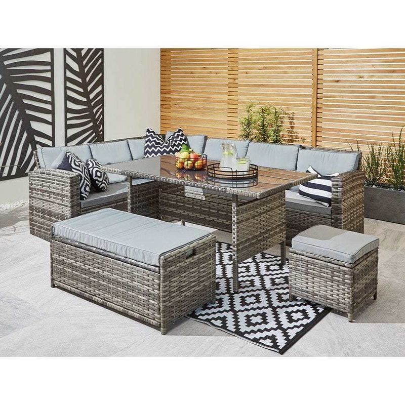 Außengarten-Set mit Lagerset AJUNION 9 Sitzplätze Rattan-Ecksofa