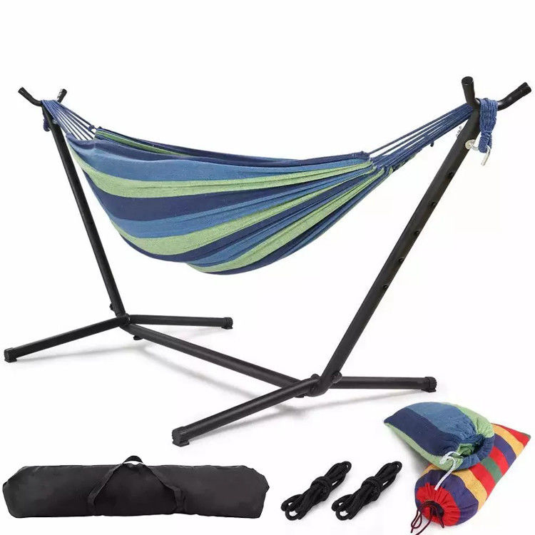 Zuhause Außengarten Camping Portable Leichtgewicht Klappdose Doppel-Baumwoll-Hängematten mit Metallstand
