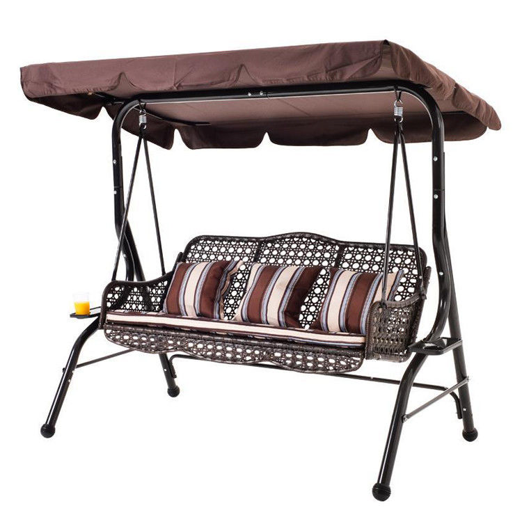 Außengarten Terrasse Metallrahmen Pe Rattan Doppel 3-Sitzer Hängematte Schaukel mit Baldachin