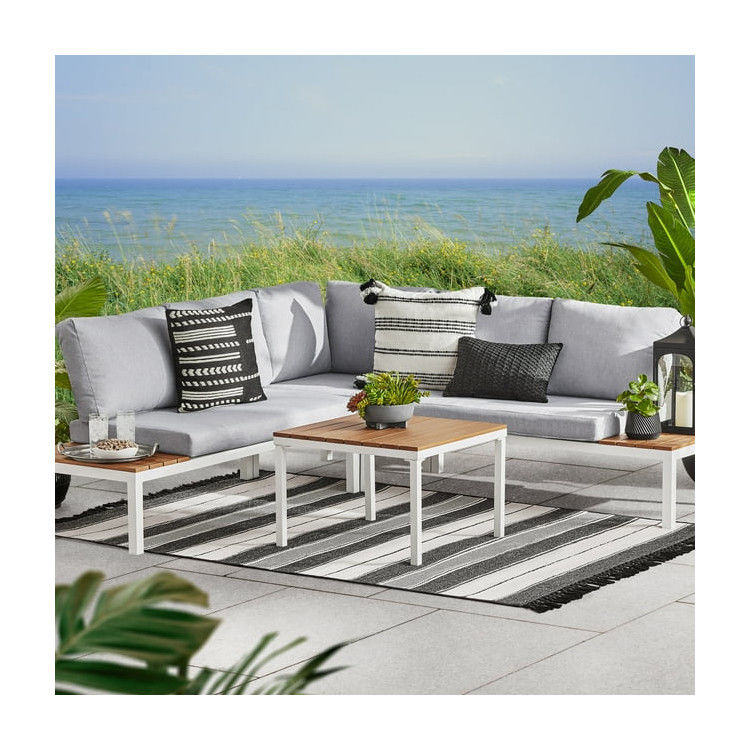Außenmöbel L-Form Sektionssofa Kunststoff Teakholz Ecke Lounge Set für Deck